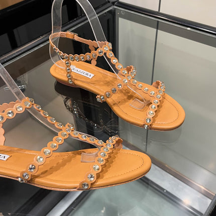 AQUAZZURA 26S FLAT SANDALS IN CAMEL CALFSKIN CRYSTAL EMBELLISHED