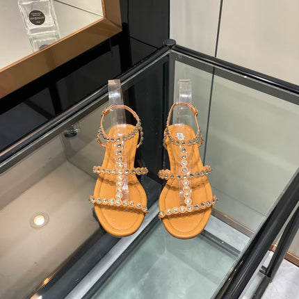 AQUAZZURA 26S FLAT SANDALS IN CAMEL CALFSKIN CRYSTAL EMBELLISHED