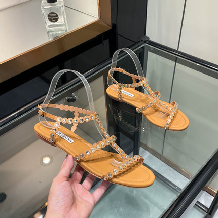 AQUAZZURA 26S FLAT SANDALS IN CAMEL CALFSKIN CRYSTAL EMBELLISHED