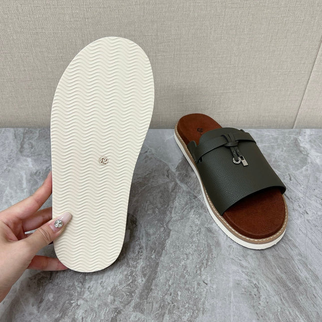 LP 26S LOCK MULE SLIDES IN OLIVE GREEN CALFSKIN SILVER HARDWARE
