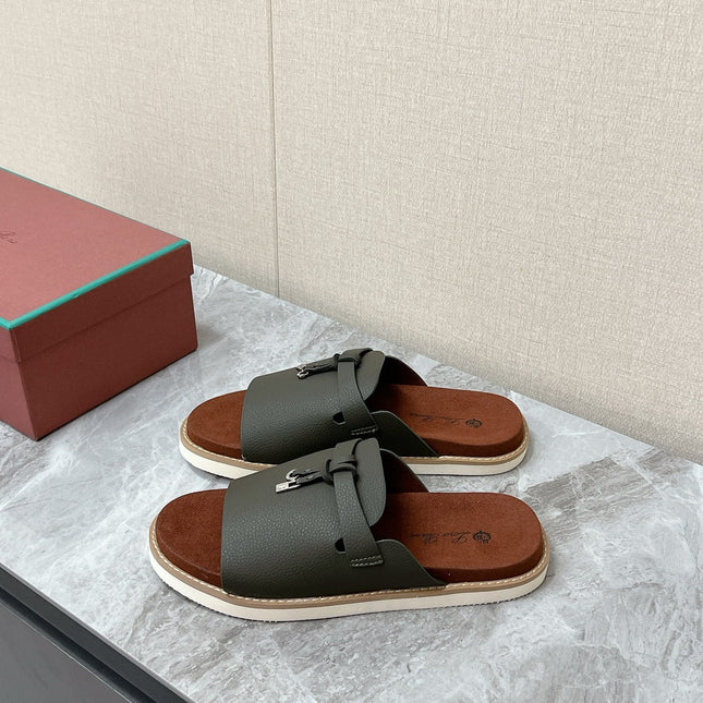 LP 26S LOCK MULE SLIDES IN OLIVE GREEN CALFSKIN SILVER HARDWARE