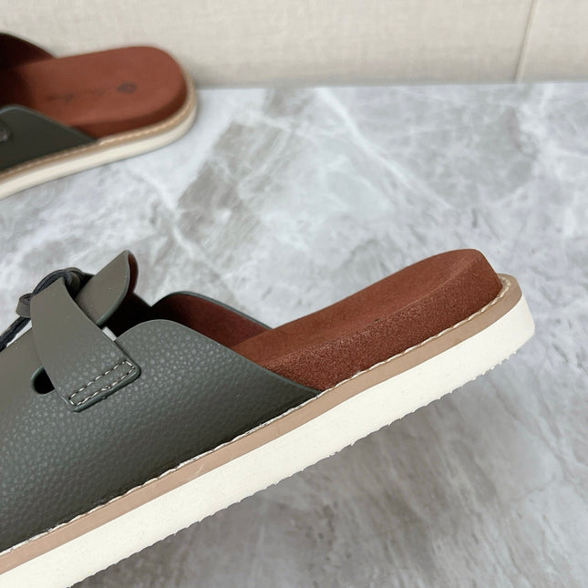 LP 26S LOCK MULE SLIDES IN OLIVE GREEN CALFSKIN SILVER HARDWARE