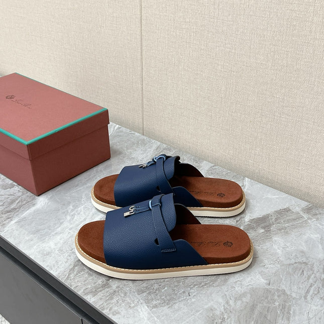 LP 26S LOCK MULE SLIDES IN DARK BLUE CALFSKIN SILVER HARDWARE