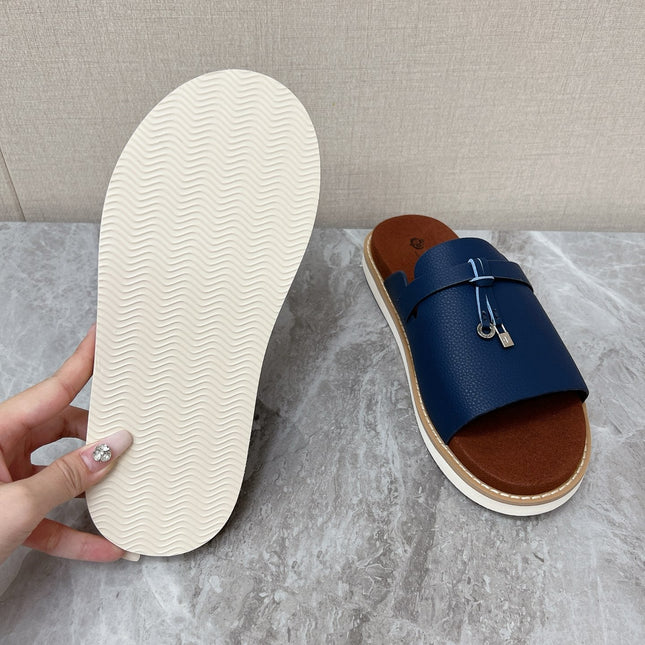 LP 26S LOCK MULE SLIDES IN DARK BLUE CALFSKIN SILVER HARDWARE