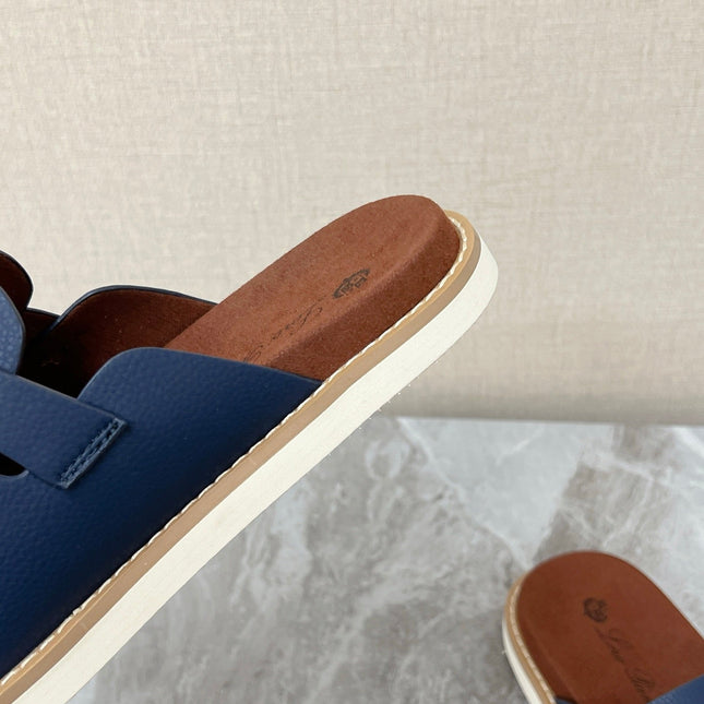 LP 26S LOCK MULE SLIDES IN DARK BLUE CALFSKIN SILVER HARDWARE