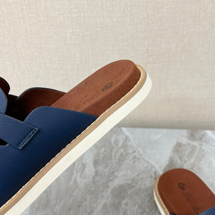 LP 26S LOCK MULE SLIDES IN DARK BLUE CALFSKIN SILVER HARDWARE