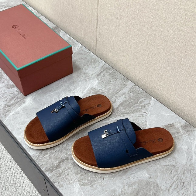LP 26S LOCK MULE SLIDES IN DARK BLUE CALFSKIN SILVER HARDWARE