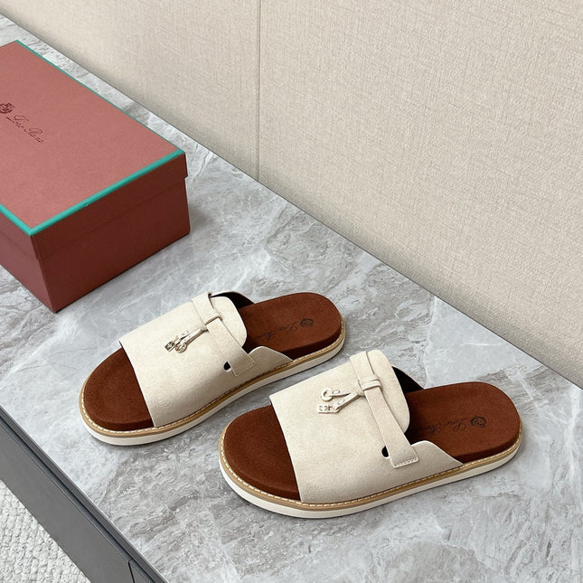 LP 26S LOCK MULE SLIDES IN BEIGE SUEDE SILVER HARDWARE