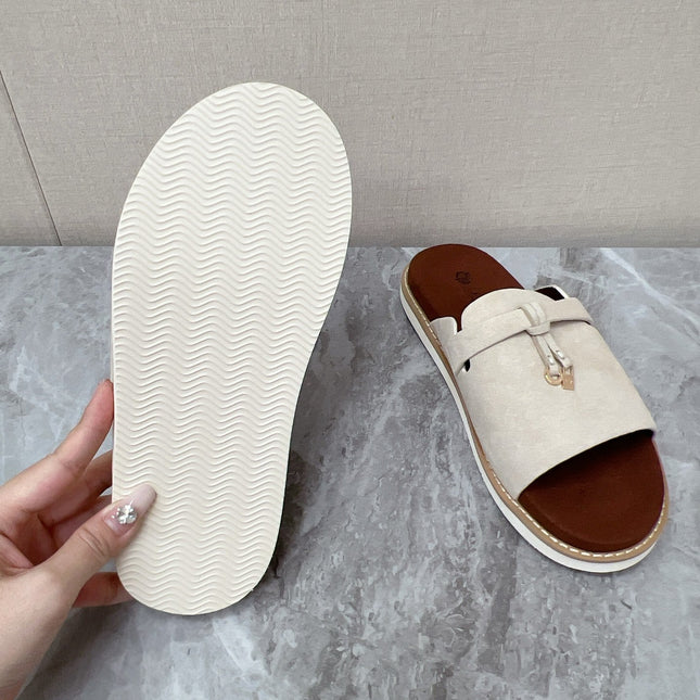 LP 26S LOCK MULE SLIDES IN BEIGE SUEDE SILVER HARDWARE