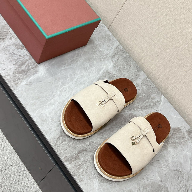 LP 26S LOCK MULE SLIDES IN BEIGE SUEDE SILVER HARDWARE