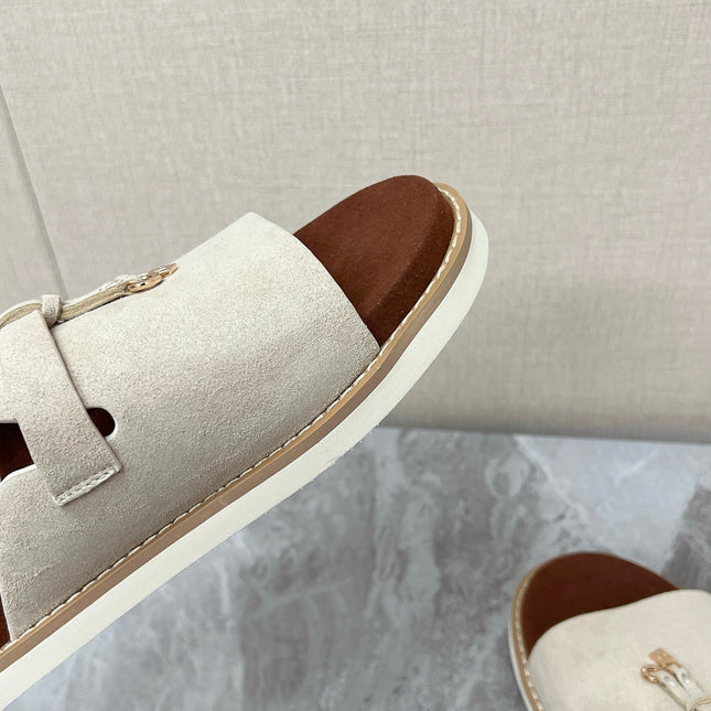 LP 26S LOCK MULE SLIDES IN BEIGE SUEDE SILVER HARDWARE