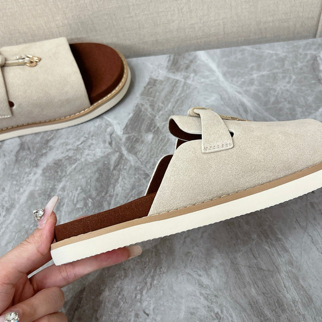 LP 26S LOCK MULE SLIDES IN BEIGE SUEDE SILVER HARDWARE