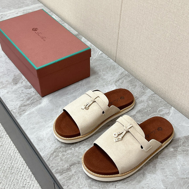 LP 26S LOCK MULE SLIDES IN BEIGE SUEDE SILVER HARDWARE