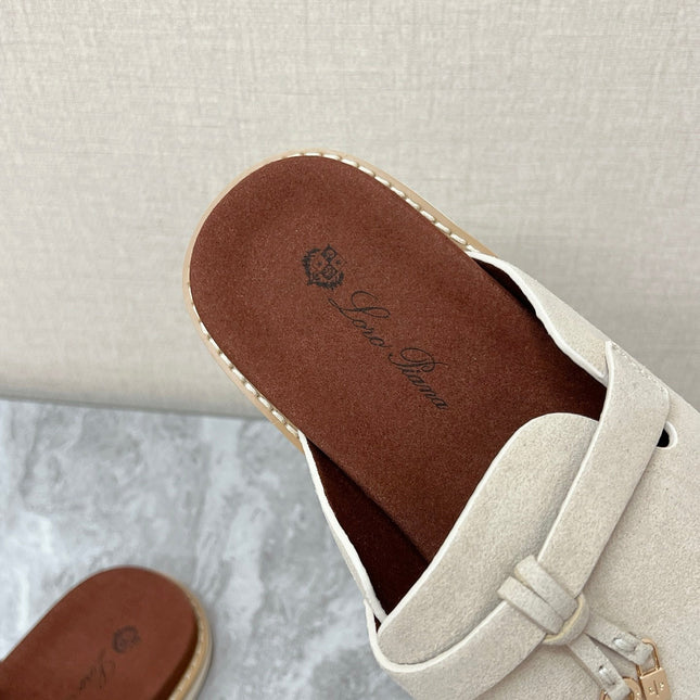 LP 26S LOCK MULE SLIDES IN BEIGE SUEDE SILVER HARDWARE