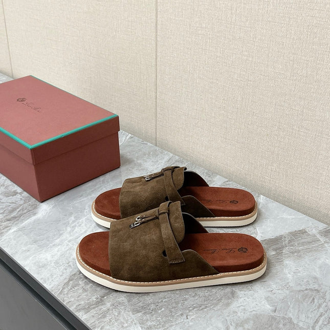 LP 26S LOCK MULE SLIDES IN OLIVE BROWN SUEDE SILVER HARDWARE