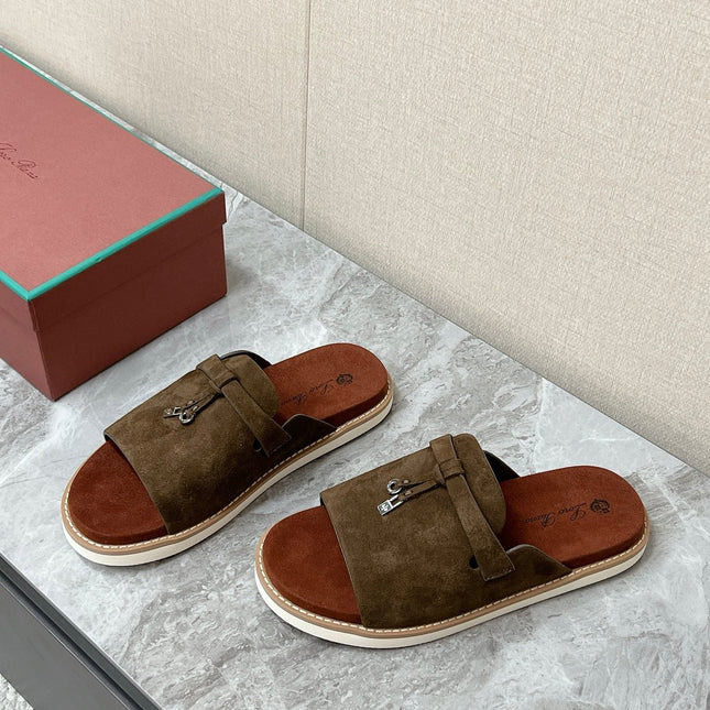 LP 26S LOCK MULE SLIDES IN OLIVE BROWN SUEDE SILVER HARDWARE