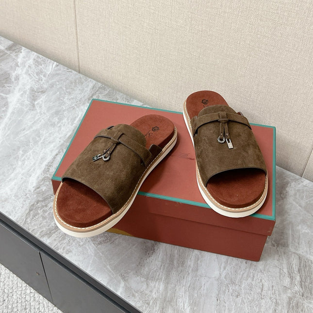 LP 26S LOCK MULE SLIDES IN OLIVE BROWN SUEDE SILVER HARDWARE