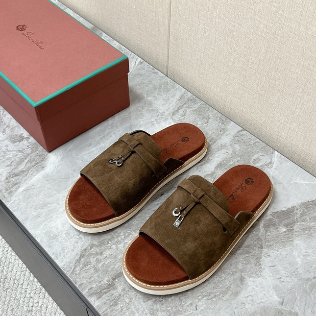 LP 26S LOCK MULE SLIDES IN OLIVE BROWN SUEDE SILVER HARDWARE