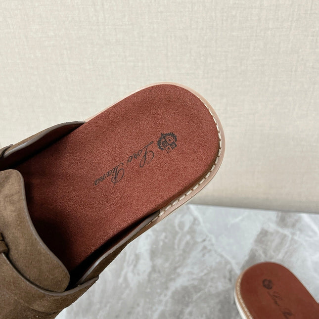 LP 26S LOCK MULE SLIDES IN OLIVE BROWN SUEDE SILVER HARDWARE