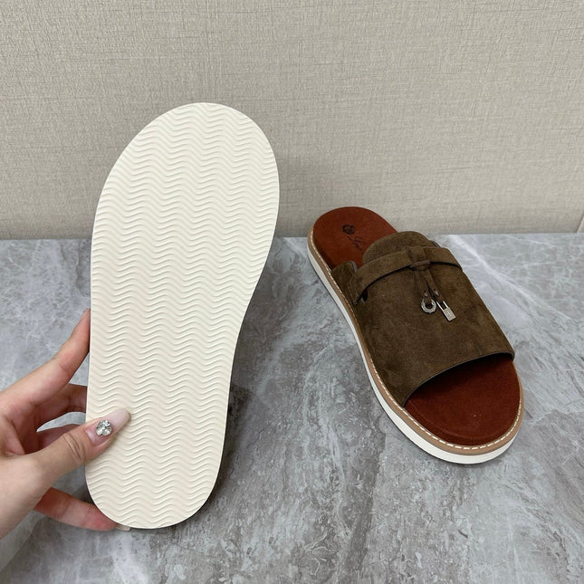 LP 26S LOCK MULE SLIDES IN OLIVE BROWN SUEDE SILVER HARDWARE