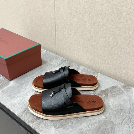 LP 26S LOCK MULE SLIDES IN BLACK GRAINED CALFSKIN SILVER HARDWARE