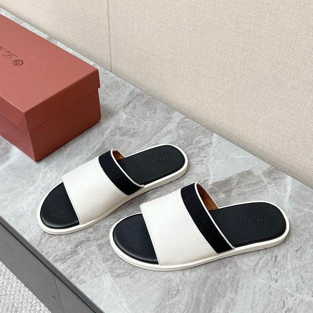 LP 26S SLIDES SANDAL IN WHITE CALFSKIN AND BLACK CANVAS