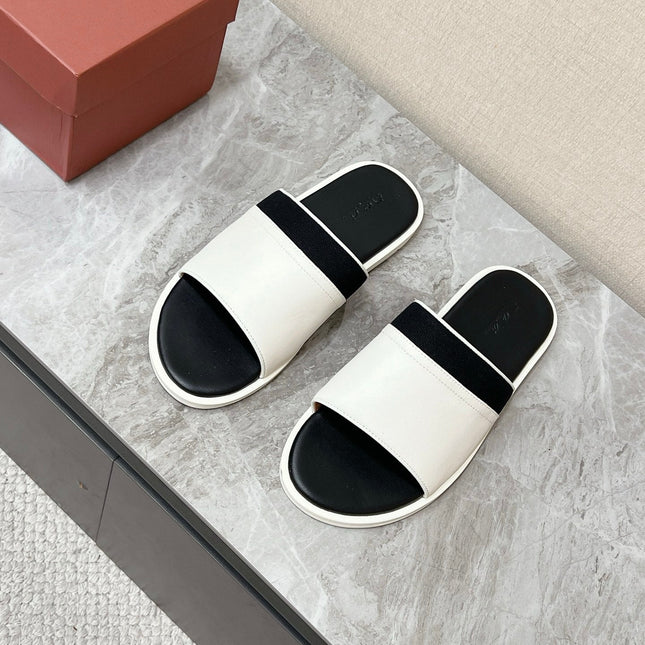 LP 26S SLIDES SANDAL IN WHITE CALFSKIN AND BLACK CANVAS