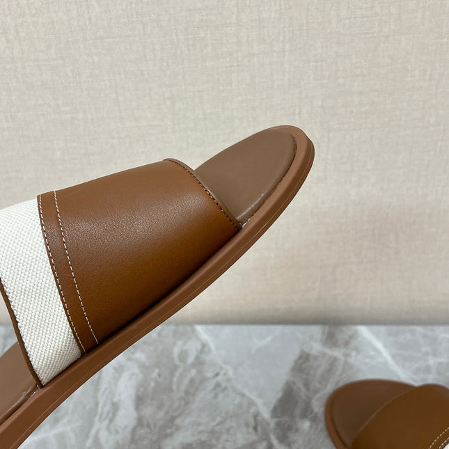LP 26S SLIDES SANDAL IN BROWN CALFSKIN AND IVORY WHITE CANVAS