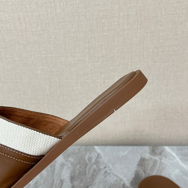 LP 26S SLIDES SANDAL IN BROWN CALFSKIN AND IVORY WHITE CANVAS