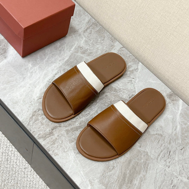 LP 26S SLIDES SANDAL IN BROWN CALFSKIN AND IVORY WHITE CANVAS