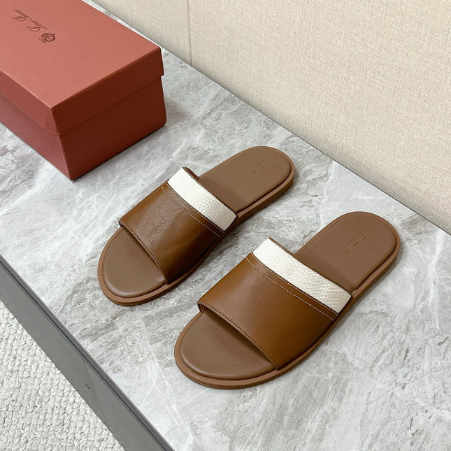 LP 26S SLIDES SANDAL IN BROWN CALFSKIN AND IVORY WHITE CANVAS