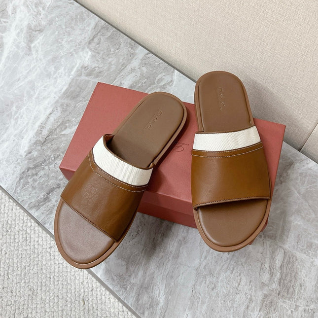 LP 26S SLIDES SANDAL IN BROWN CALFSKIN AND IVORY WHITE CANVAS