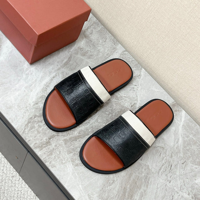 LP 26S SLIDES SANDAL IN BLACK GRAINED CALFSKIN AND IVORY WHITE CANVAS