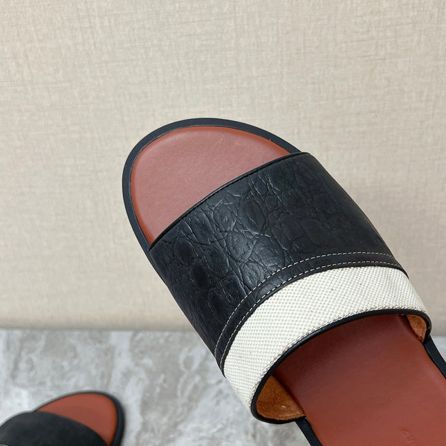 LP 26S SLIDES SANDAL IN BLACK GRAINED CALFSKIN AND IVORY WHITE CANVAS