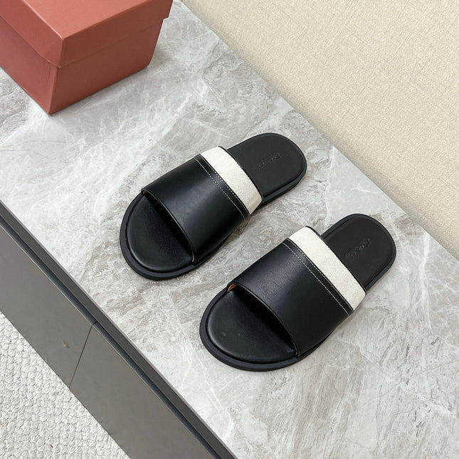 LP 26S SLIDES SANDAL IN BLACK CALFSKIN AND IVORY WHITE CANVAS