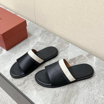 LP 26S SLIDES SANDAL IN BLACK CALFSKIN AND IVORY WHITE CANVAS