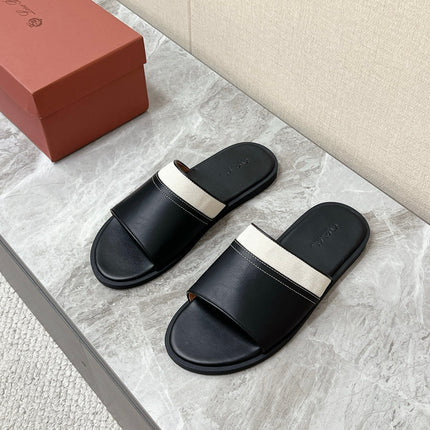 LP 26S SLIDES SANDAL IN BLACK CALFSKIN AND IVORY WHITE CANVAS