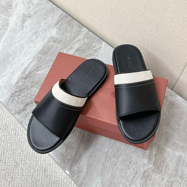 LP 26S SLIDES SANDAL IN BLACK CALFSKIN AND IVORY WHITE CANVAS