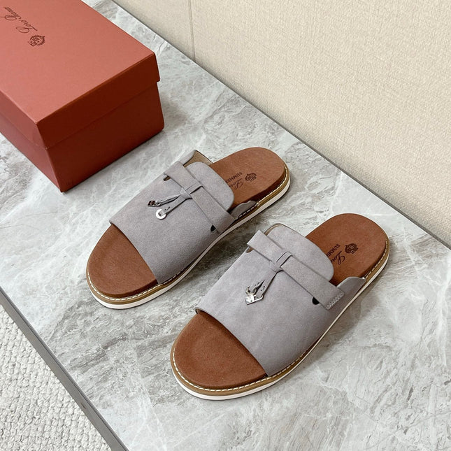 LP 26S LOCK CHARM SLIDES IN GREY SUEDE SILVER HARDWARE
