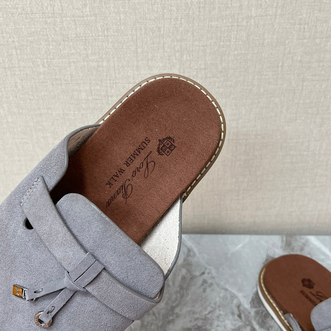 LP 26S LOCK CHARM SLIDES IN GREY SUEDE SILVER HARDWARE