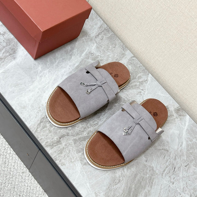 LP 26S LOCK CHARM SLIDES IN GREY SUEDE SILVER HARDWARE
