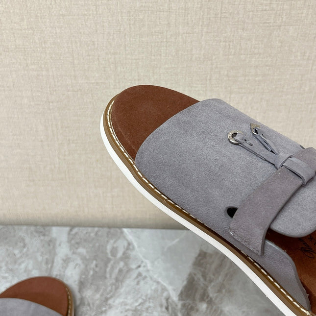 LP 26S LOCK CHARM SLIDES IN GREY SUEDE SILVER HARDWARE