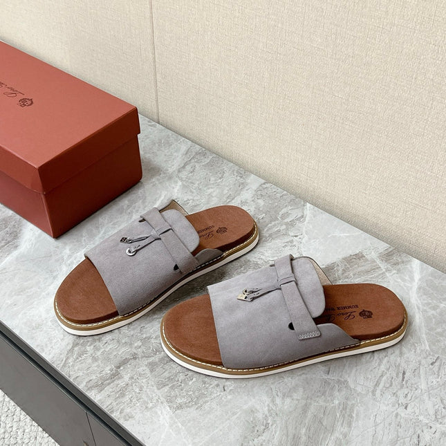 LP 26S LOCK CHARM SLIDES IN GREY SUEDE SILVER HARDWARE