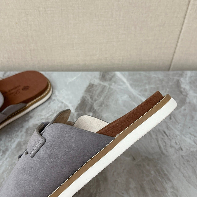LP 26S LOCK CHARM SLIDES IN GREY SUEDE SILVER HARDWARE