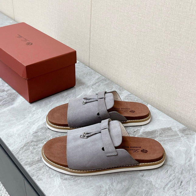 LP 26S LOCK CHARM SLIDES IN GREY SUEDE SILVER HARDWARE