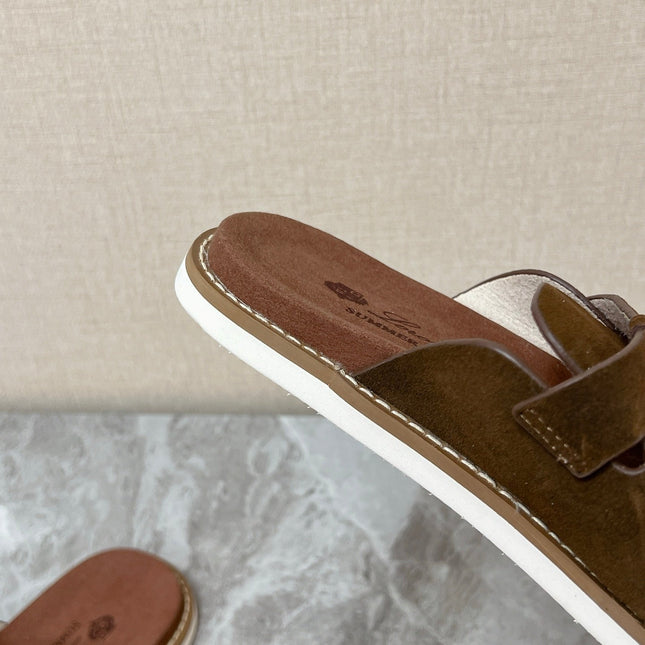 LP 26S LOCK CHARM SLIDES IN DARK BROWN SUEDE SILVER HARDWARE