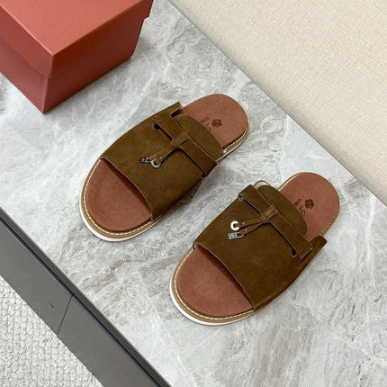 LP 26S LOCK CHARM SLIDES IN DARK BROWN SUEDE SILVER HARDWARE
