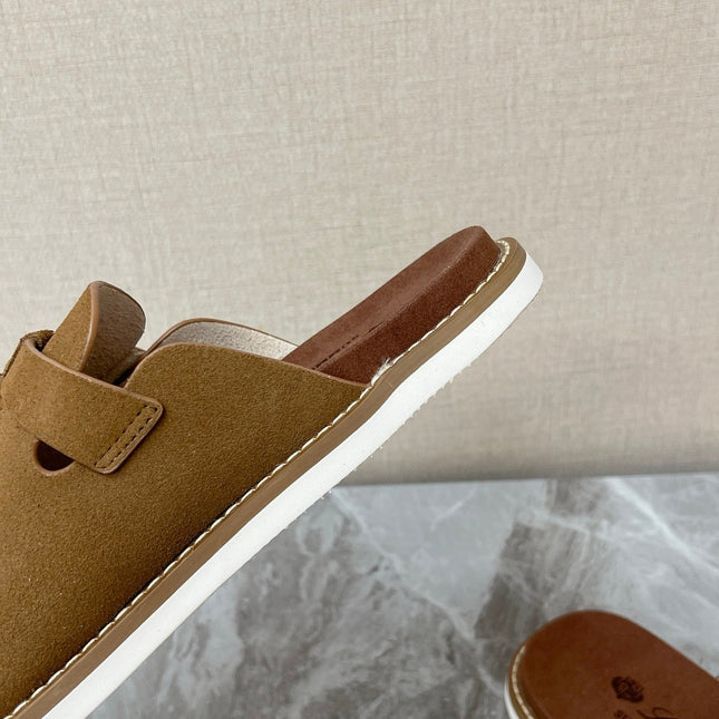LP 26S LOCK CHARM SLIDES IN OLIVE BROWN SUEDE SILVER HARDWARE