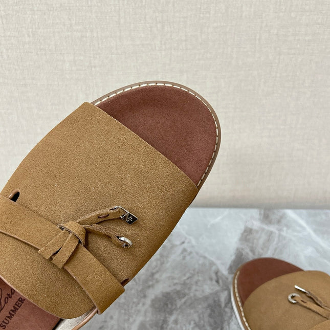 LP 26S LOCK CHARM SLIDES IN OLIVE BROWN SUEDE SILVER HARDWARE