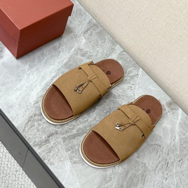 LP 26S LOCK CHARM SLIDES IN OLIVE BROWN SUEDE SILVER HARDWARE